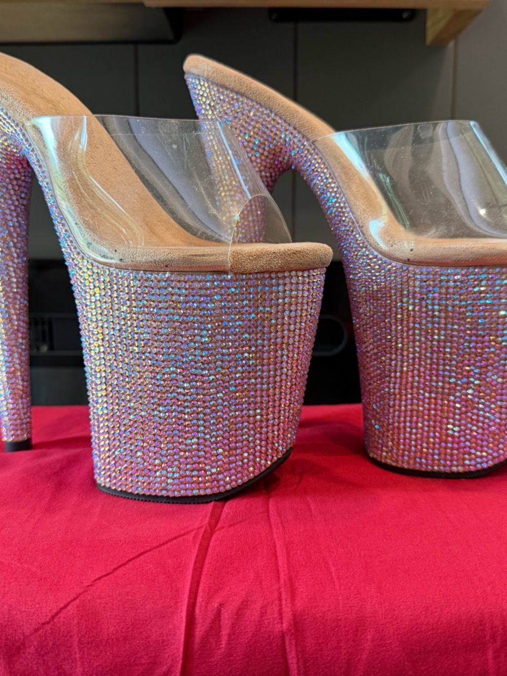 Pleaser Iridescent Pink Rhinestone Platform Heels with Clear Straps